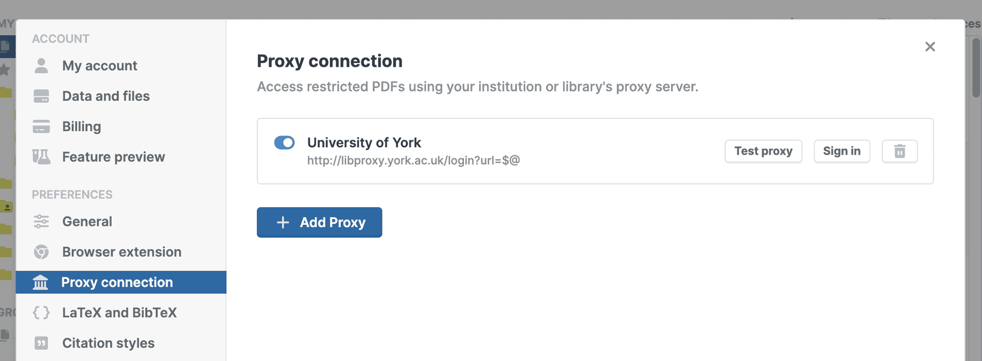 Settings › Proxy connection showing a configured University of York proxy with its EZproxy URL, an enable toggle, and “Test proxy”, “Sign in” and delete buttons, above an “Add Proxy” button.